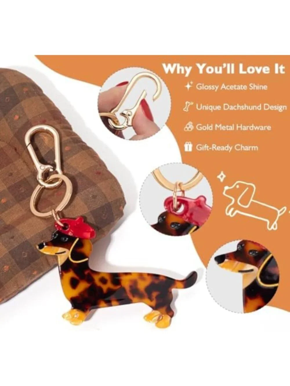 Adorable Dog-Shaped Keychain Charm & Bag Clasp - Acetate Clip with Gold Accents